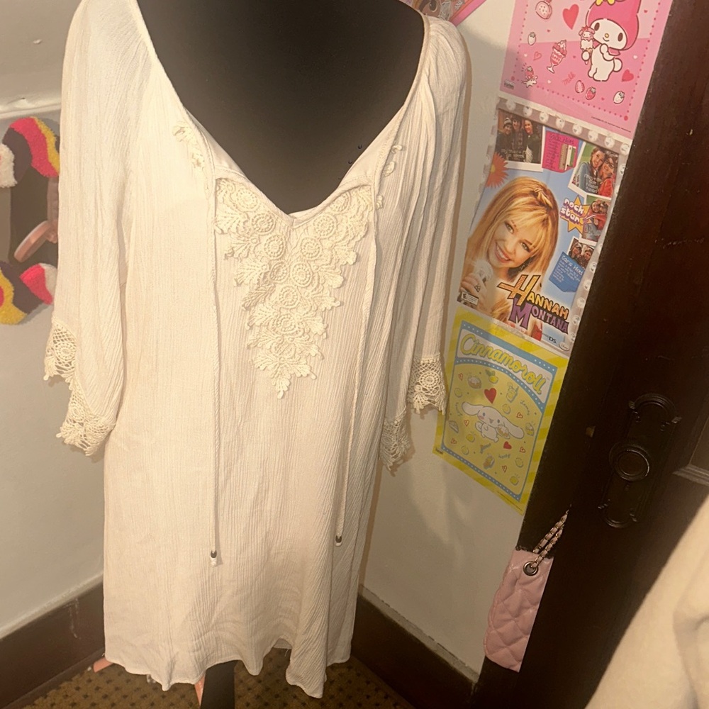 Cream Lace-Trim Boho Tunic dress